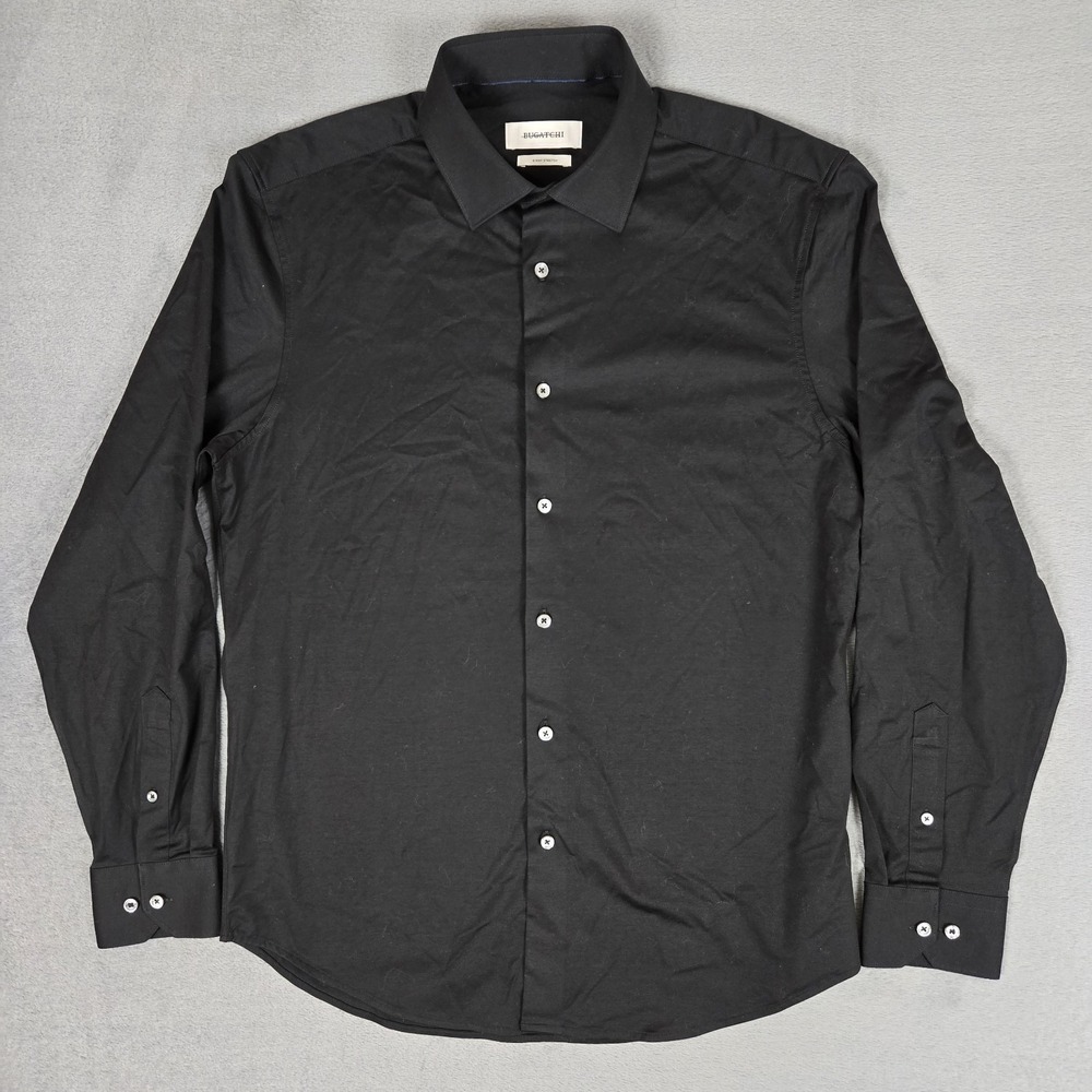 Bugatchi Shirt Mens Medium 8-Way Stretch Black Button Up Long Sleeve Work